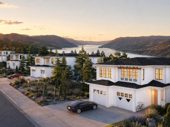Image of white houses on a road overlooking a view of Okanagan Lake