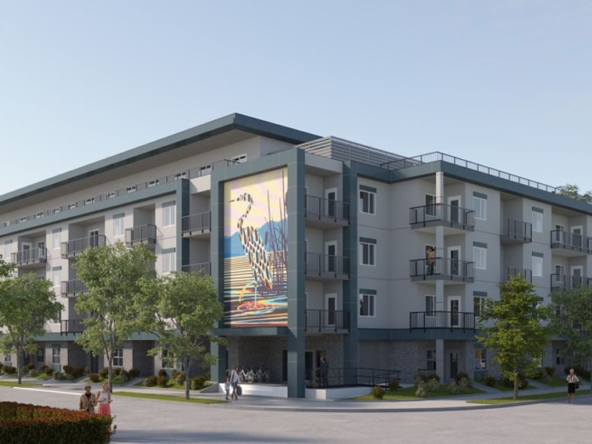 Image of a building, The Mix on Robson, showing the corner and surrounding trees